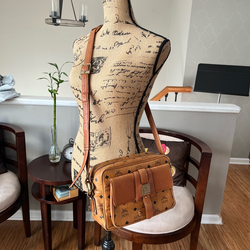 MCM Visetos Cognac Leather and Canvas Crossbody Bag